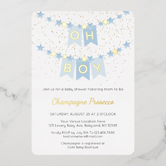 Oh Boy Blue Bunting Flags Photo Baby Shower Foil I Invitation (Front)