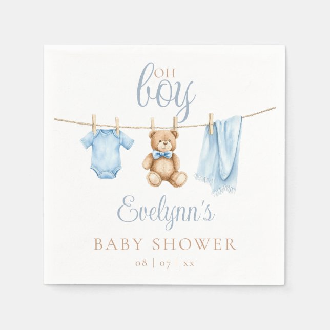 Oh Boy Blue Clothesline Baby Shower Napkins (Front)