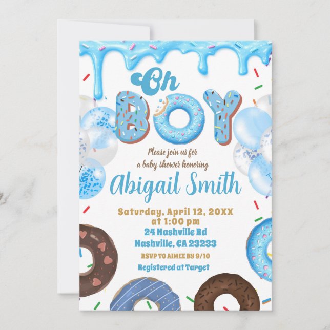 Oh Boy Blue Donut baby shower Invitation (Front)