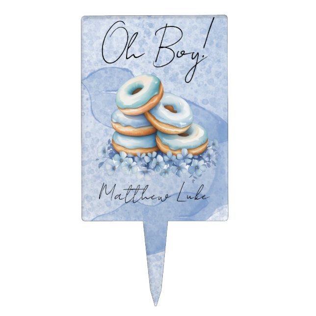 Oh Boy Blue Donuts Baby Shower Personalized  Cake Topper (Front)