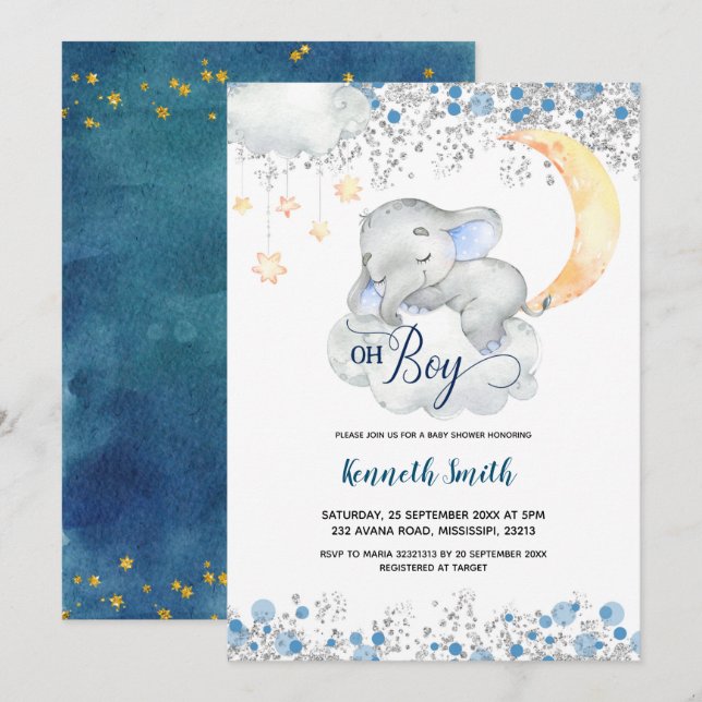 Oh Boy Blue Elephant Baby Shower Invitation (Front/Back)