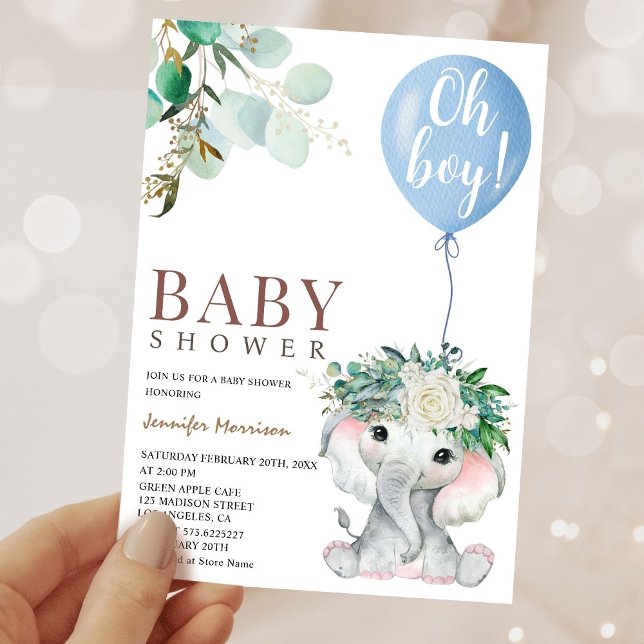 Oh Boy Blue Elephant Baby Shower Invitation (Creator Uploaded)