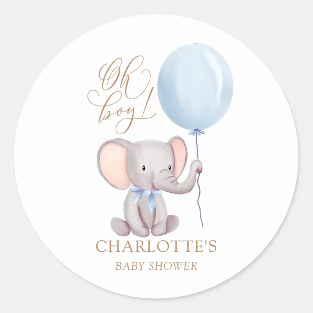 Oh Boy Blue Elephant Balloon Baby Shower Sticker | Zazzle