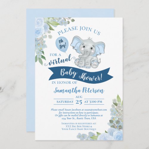Oh Boy Blue Elephant  Floral Virtual Baby Shower Invitation