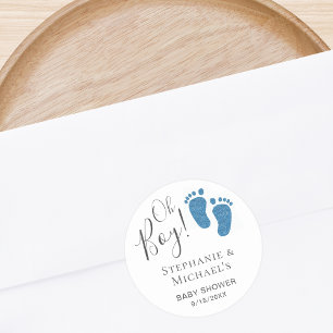 Oh Boy Blue Feet Couples Baby Shower Classic Round Sticker