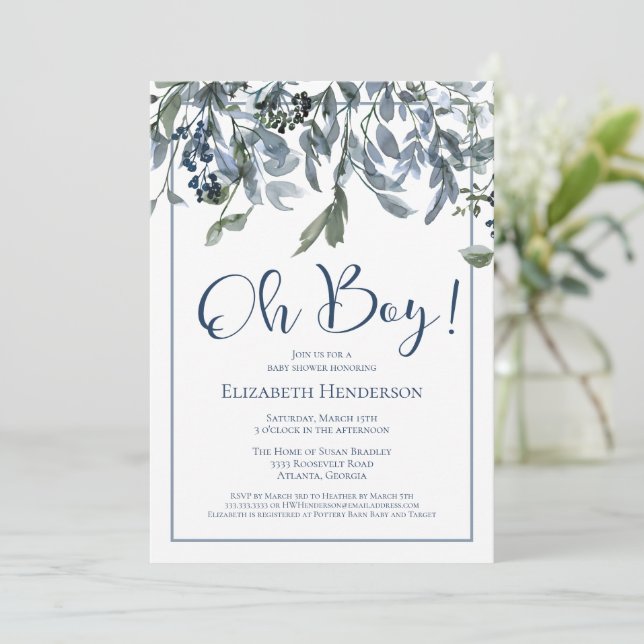 Oh Boy Blue Floral Greenery Baby Shower Invitation (Standing Front)