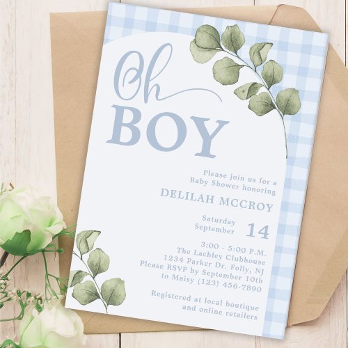 Oh Boy Blue Gingham and Greenery Baby Shower Invitation