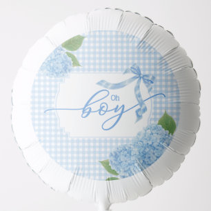 Oh Boy Blue Gingham Plaid Hydrangea Baby Shower Balloon