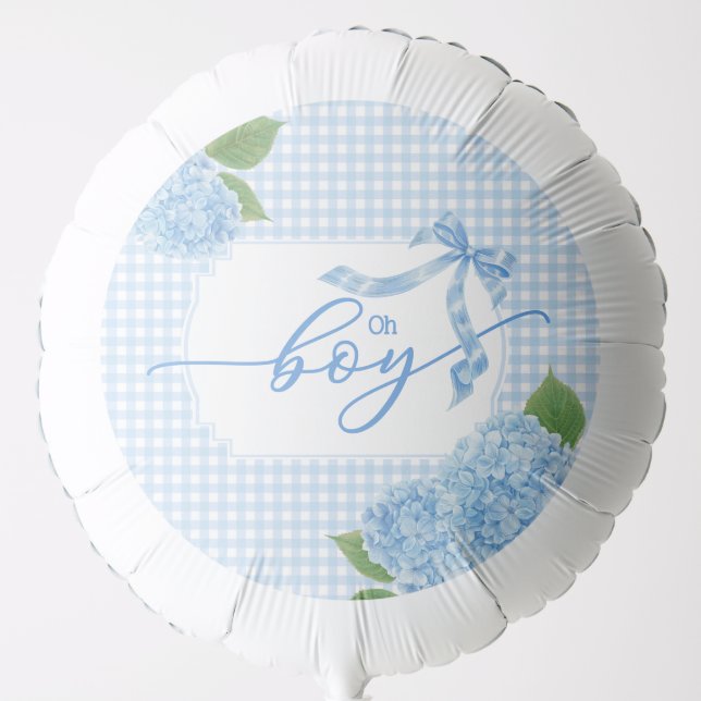 Oh Boy Blue Gingham Plaid Hydrangea Baby Shower Balloon (Front)