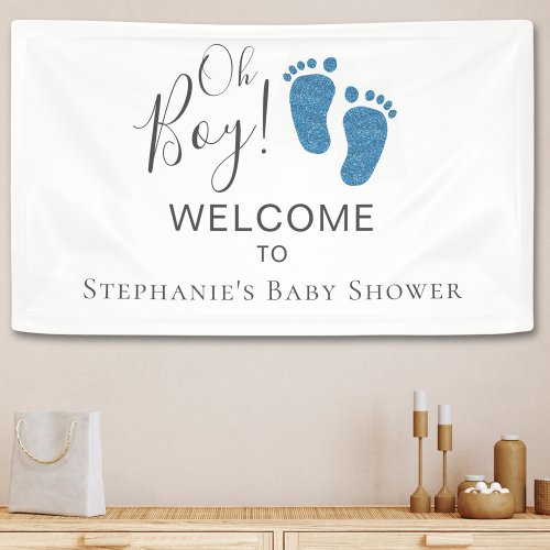 Oh Boy Blue Glitter Feet Baby Shower Welcome Banner