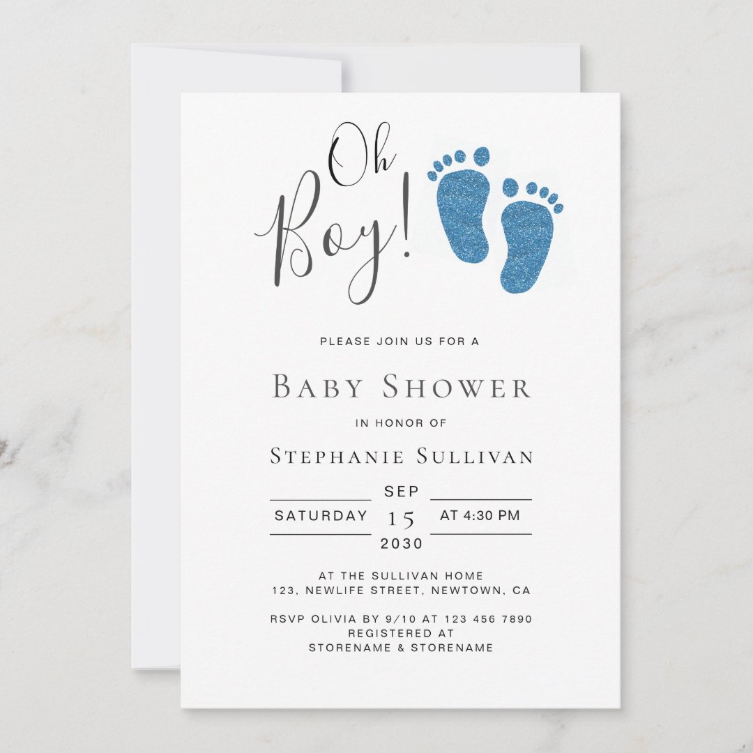 Oh Boy Blue Glitter Feet Boy's Baby Shower Invitation | Zazzle