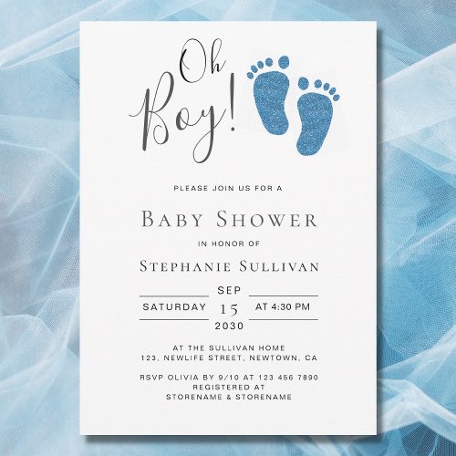 Oh Boy Blue Glitter Feet Boys Baby Shower Invitation
