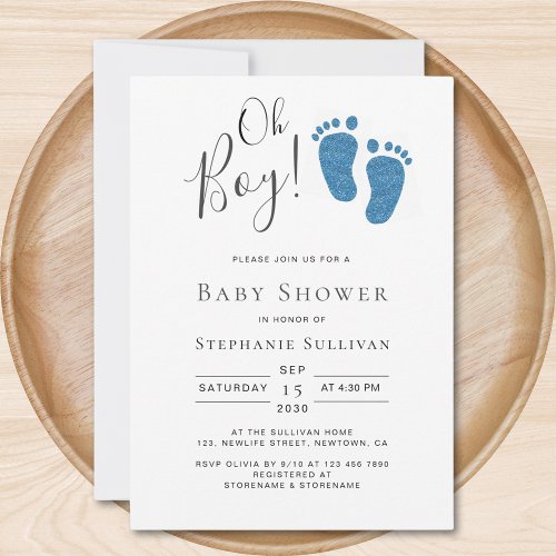 Oh Boy Blue Glitter Feet Boys Baby Shower Invitation