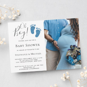 Oh Boy Blue Glitter Feet Photo Couples Baby Shower Invitation
