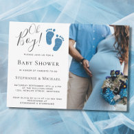 Oh Boy Blue Glitter Feet Photo Couples Baby Shower Invitation