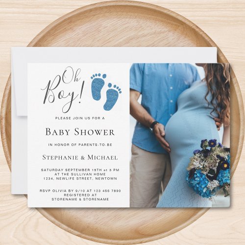 Oh Boy Blue Glitter Feet Photo Couples Baby Shower Invitation