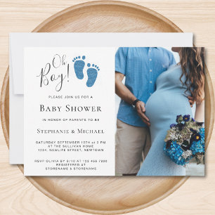 Oh Boy Blue Glitter Feet Photo Couples Baby Shower Invitation