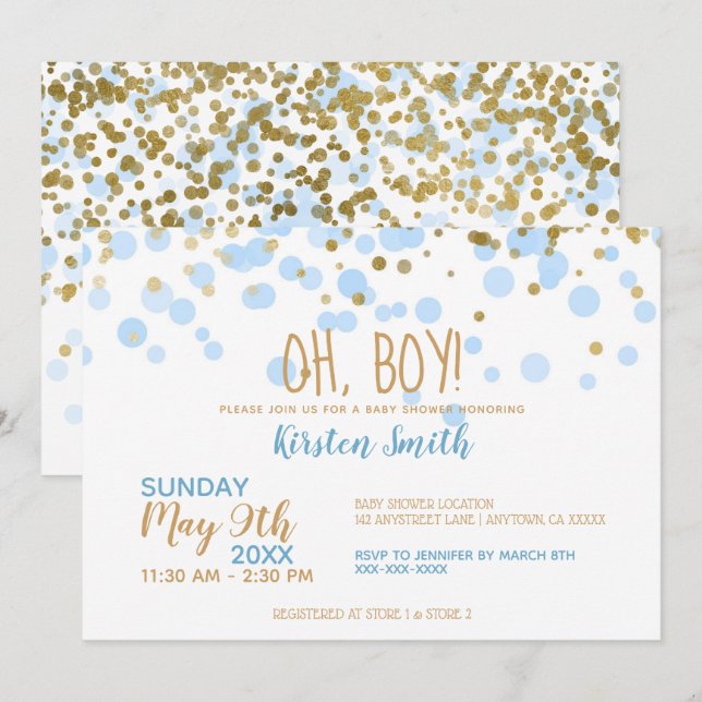 Oh Boy! Blue & Gold Confetti Boy Baby Shower Invitation (Front/Back)