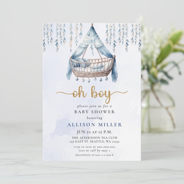 Oh Boy Blue Gold Crib Boho Boy Baby Shower  Invitation (Standing Front)