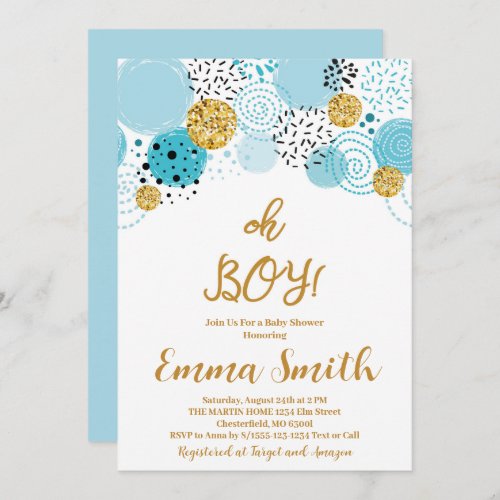 Oh Boy Blue Gold Glitter Baby Shower Invitation