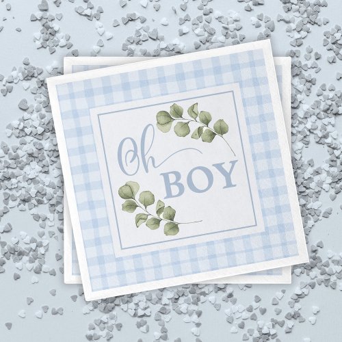 Oh Boy Blue Greenery and Gingham Baby Shower Napkins