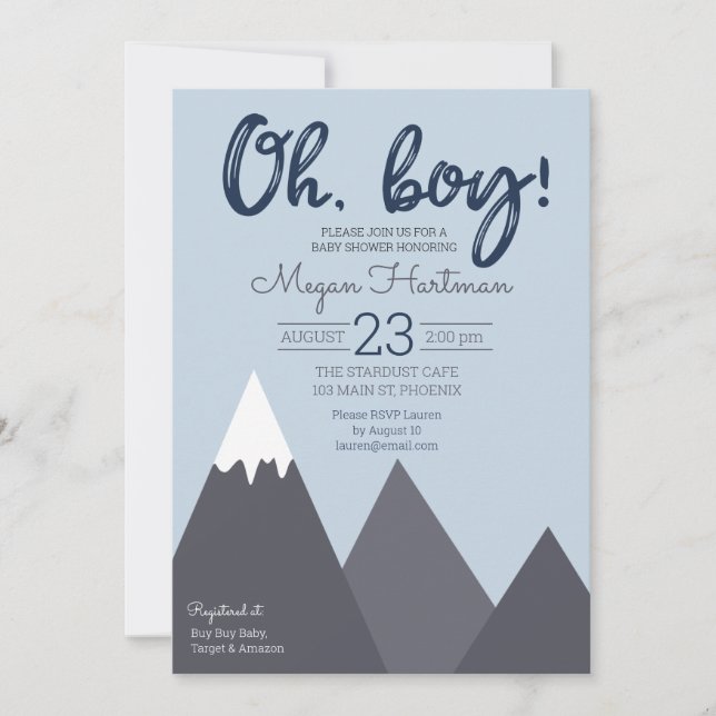 Oh Boy Blue Grey Mountain Baby Shower Invitation (Front)