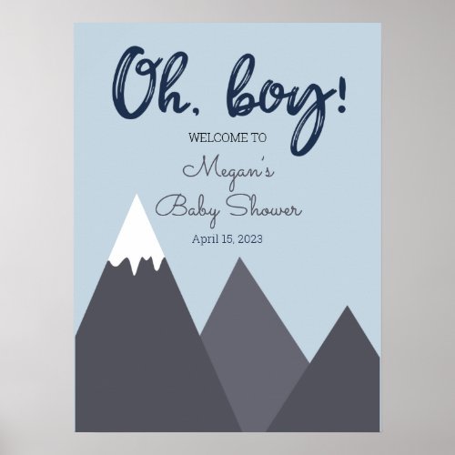 Oh Boy Blue Grey Mountain Baby Shower Poster