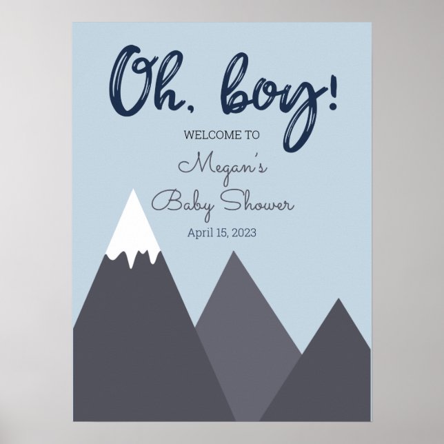 Oh Boy Blue Grey Mountain Baby Shower Poster (Front)