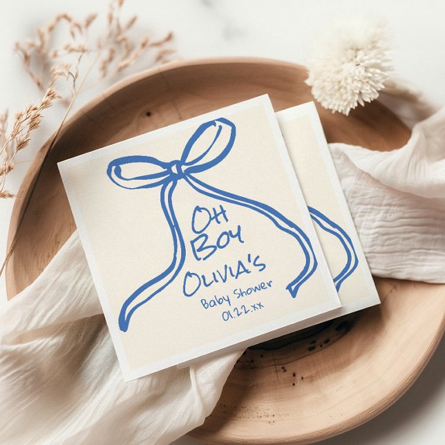 Oh Boy Blue Hand Written Drawn Bow Baby Shower Napkins (Creator Uploaded)