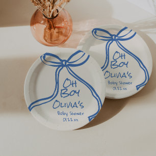 Oh Boy Blue Hand Written Drawn Bow Baby Shower Paper Plates