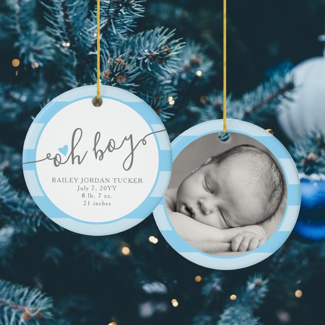 OH BOY Blue Heart Stripes Baby's 1st Christmas Ceramic Ornament (Creator Uploaded)