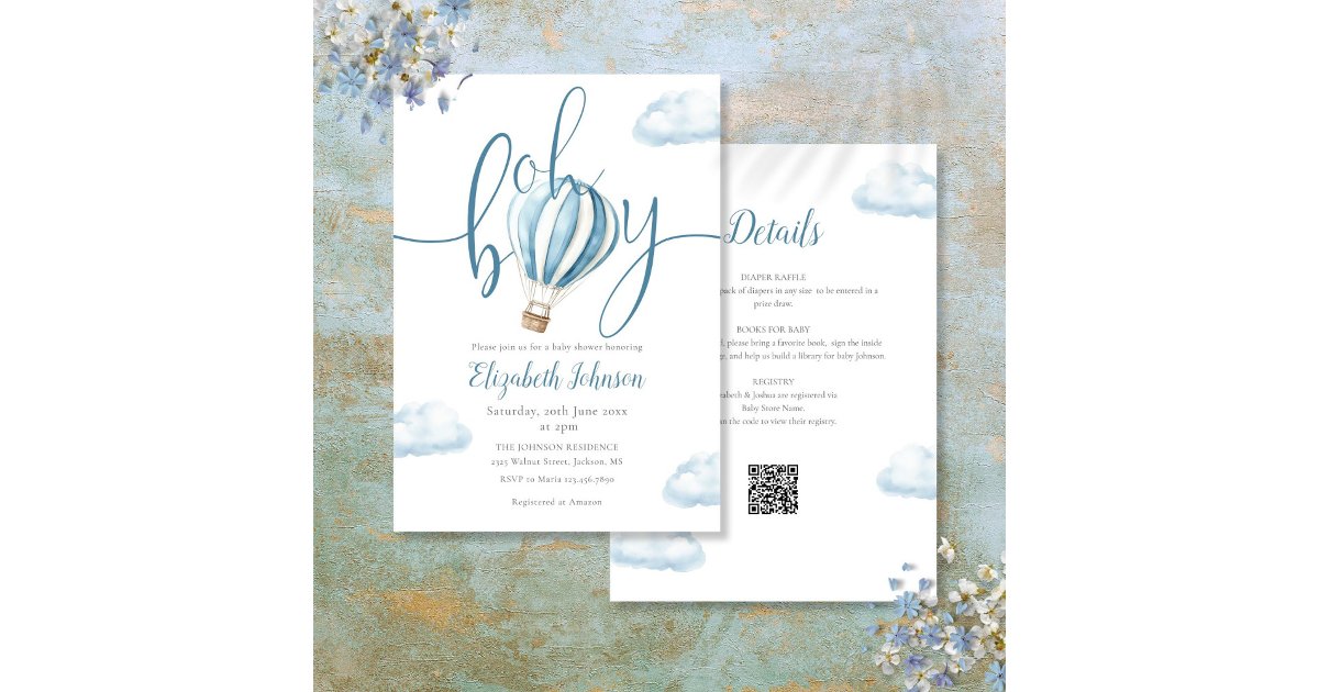 Oh Boy Blue Hot Air Balloon All In One Baby Shower Invitation | Zazzle