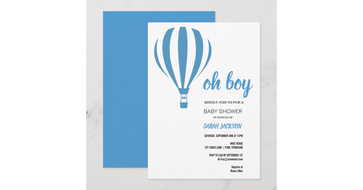 Oh Boy Blue Hot Air Balloon Baby Shower Invitation | Zazzle