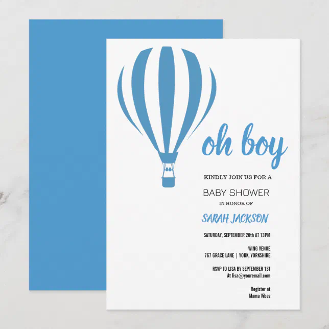 Oh Boy Blue Hot Air Balloon Baby Shower Invitation | Zazzle