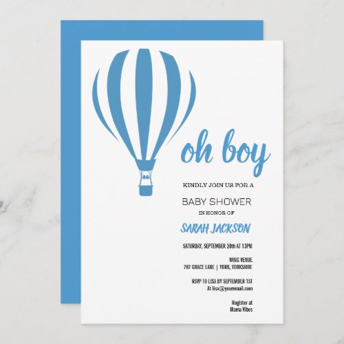 Oh Boy Blue Hot Air Balloon Baby Shower  Invitation