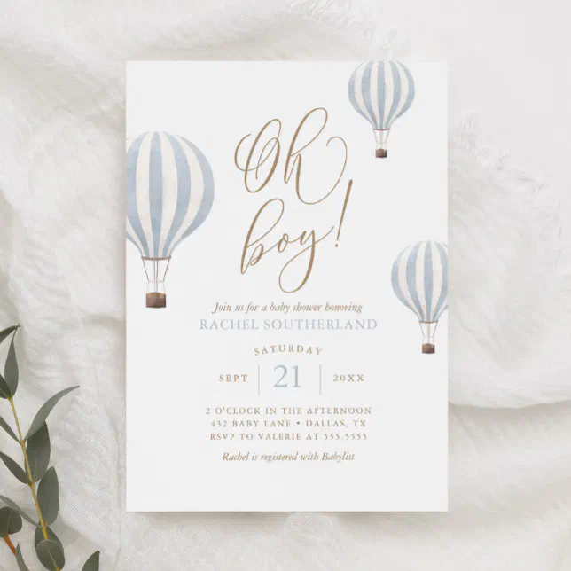 Oh Boy Blue Hot Air Balloon Baby Shower Invitation | Zazzle