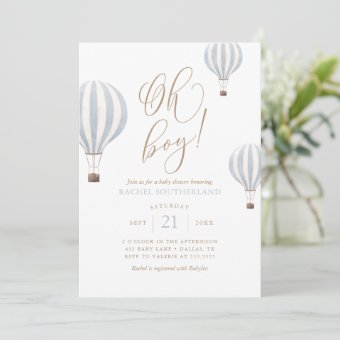 Oh Boy Blue Hot Air Balloon Baby Shower Invitation | Zazzle