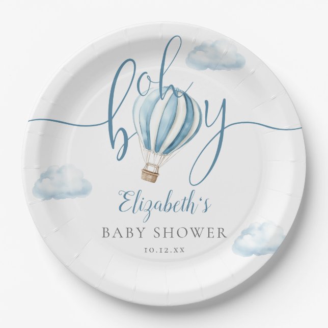 Oh Boy Blue Hot Air Balloon Baby Shower Paper Plates (Front)