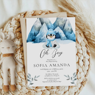 Oh Boy Blue Penguins Winter Baby Shower Invitation