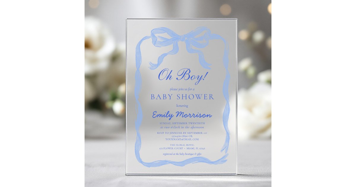 Oh Boy Blue Ribbon Bow Baby Shower Acrylic Invitations | Zazzle