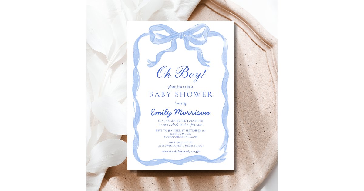 Oh Boy Blue Ribbon Bow Baby Shower Invitation | Zazzle