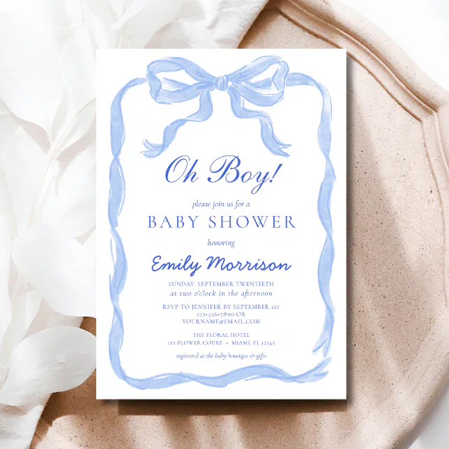 Oh Boy Blue Ribbon Bow Baby Shower Invitation | Zazzle