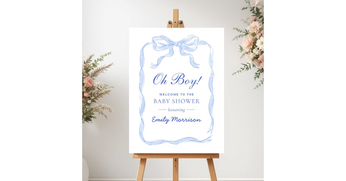 Oh Boy Blue Ribbon Bow Baby Shower Welcome Sign | Zazzle