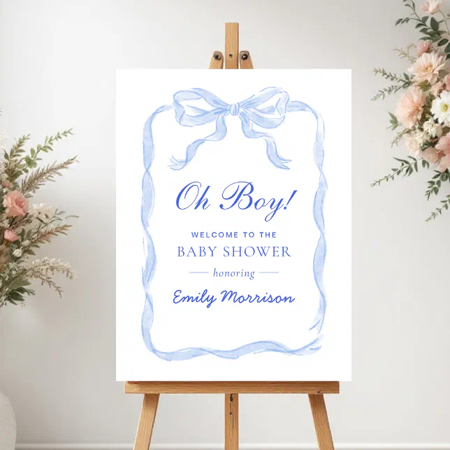 Oh Boy Blue Ribbon Bow Baby Shower Welcome Sign | Zazzle