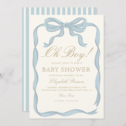 Oh boy Blue Ribbon Cute Elegant Baby Shower  Invitation
