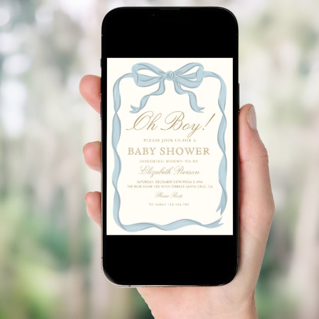 Oh boy Blue Ribbon Cute Elegant Baby Shower  Invitation (Front Digital)
