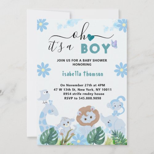 Oh Boy blue safari animals boy baby shower Invitation