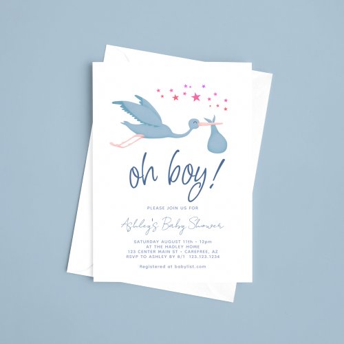 Oh Boy Blue Stork Baby Shower Invitation