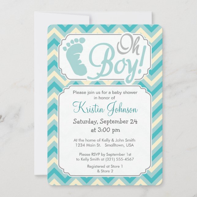 Oh Boy! Blue, Teal Chevron Baby Shower Invitation (Front)