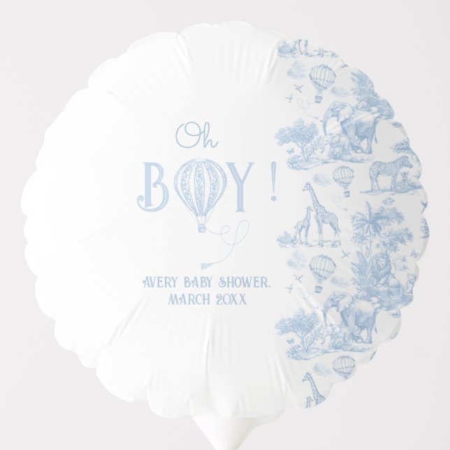 Oh Boy Blue Toile Safari Animal Baby Shower Balloon (Front)